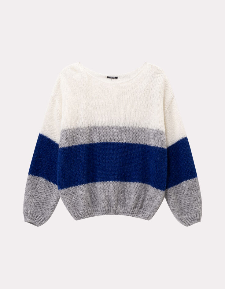TIARA - Pull bleu tricot effet rayures color block-1
