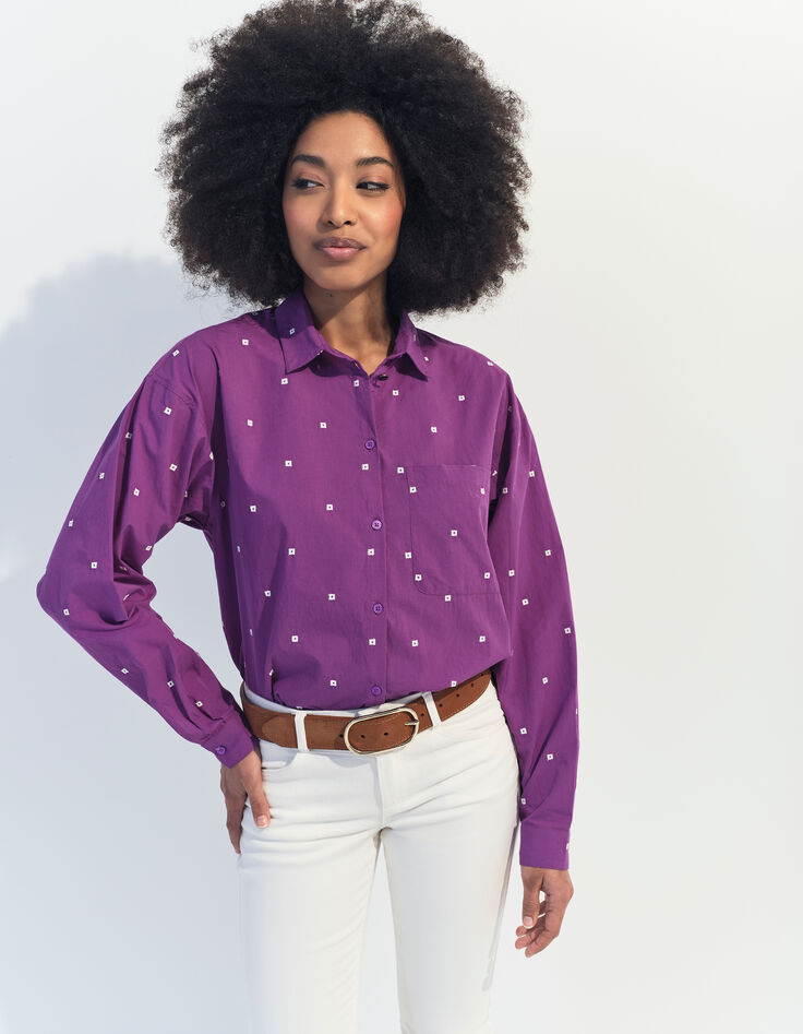 CELESTE - Chemise violet broderies petits carrés écrus -1
