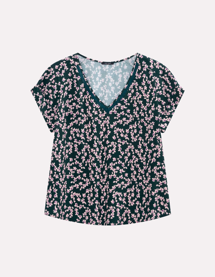 CESARIA - Top vert imprimé minimaliste floral-5