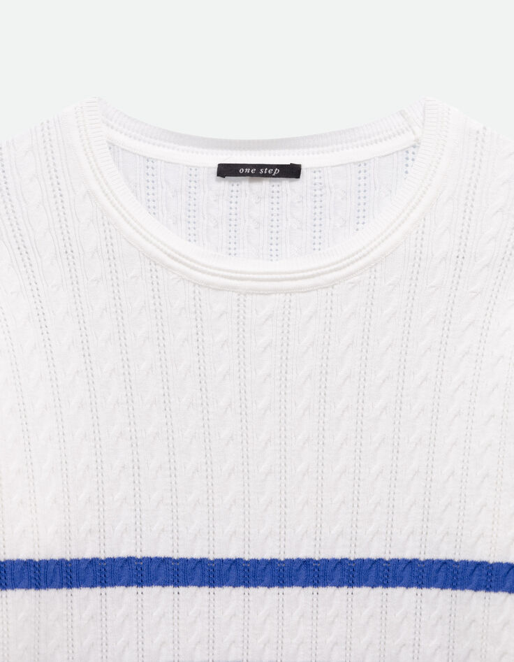 TAVACO - Pull &eacute;cru tricot torsades et rayures bleues-2