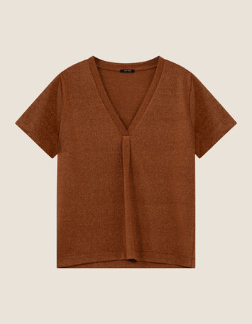 MARCIA - T-shirt caramel encolure V maille iris&eacute;e -1