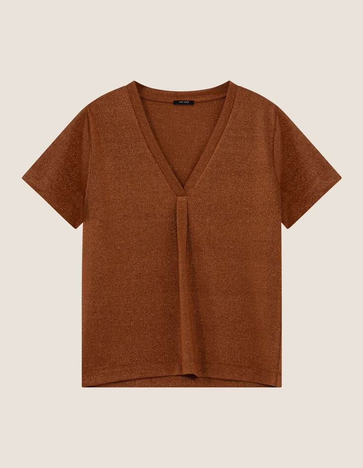 MARCIA - T-shirt caramel encolure V maille iris&eacute;e -1