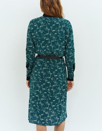 REVERDY - Robe midi vert cèdre à imprimé visages-3