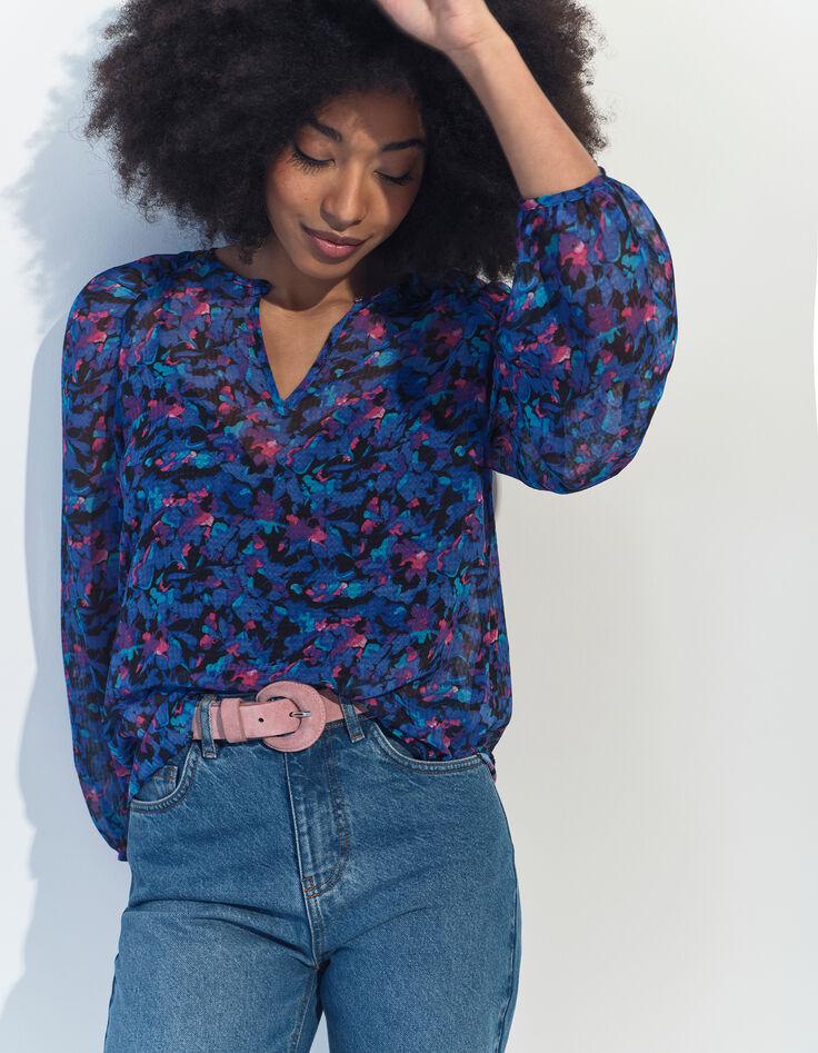 CIARA - Blouse bleue polyester recyclé floral aquatique -5