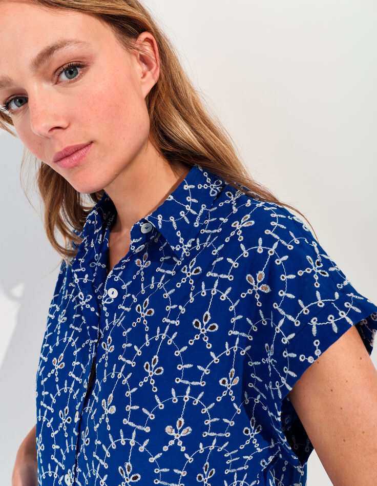 CORNELIA - Chemise bleue coton bio broderies all-over -4