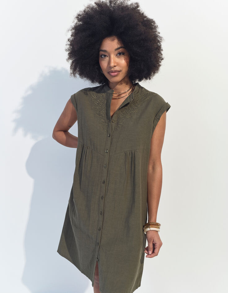 RONDONIA - Robe kaki coton lin broderies placées -1