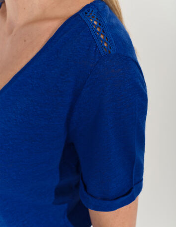 MARINGA - T-shirt bleu détails dentelle -4