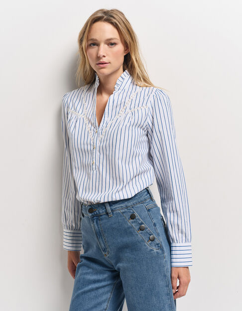 CAYCE - Blouse à rayures bleues découpes dentelle - One Step