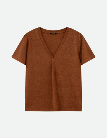 MARCIA - T-shirt caramel encolure V maille irisée -5