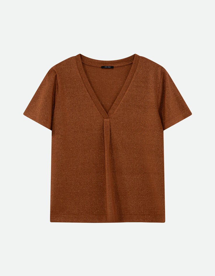 MARCIA - T-shirt caramel encolure V maille irisée -5
