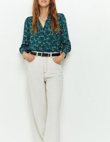 CANNELLE - Blouse vert cèdre à imprimé visages-5