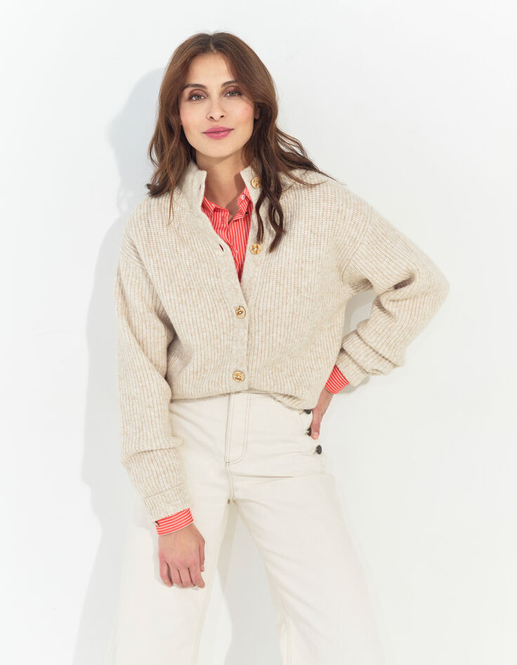 TIANA - Cardigan beige tricot à col montant -5
