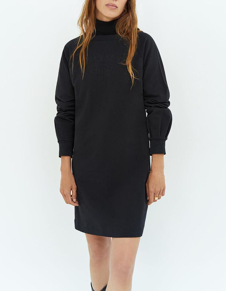 RANA - Robe sweat noir avec broderies ton sur ton-1
