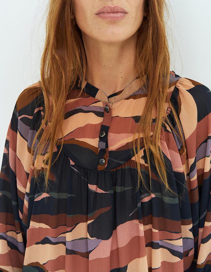 CHIKATO - Blouse noire à imprimé palette minérale-2