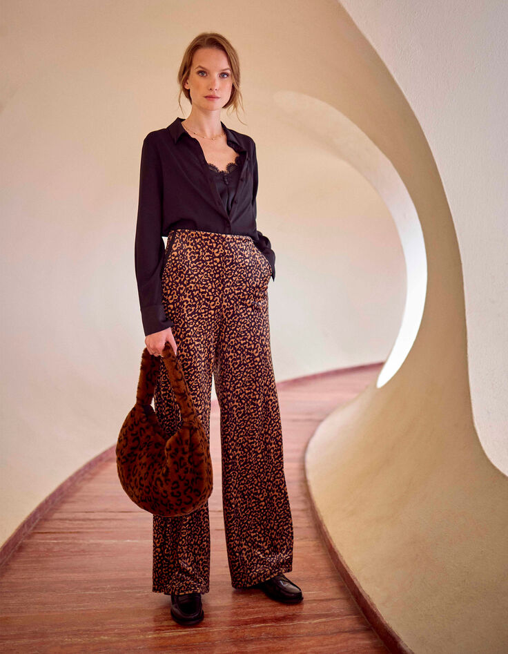 PADEN - Pantalon noir panne de velours imprimé léopard-1