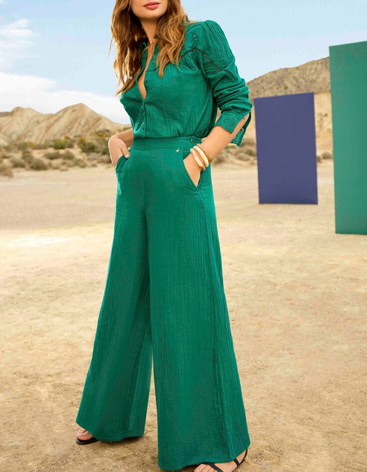 CAVIANA - Chemise verte gaze de coton bio col collerette-3