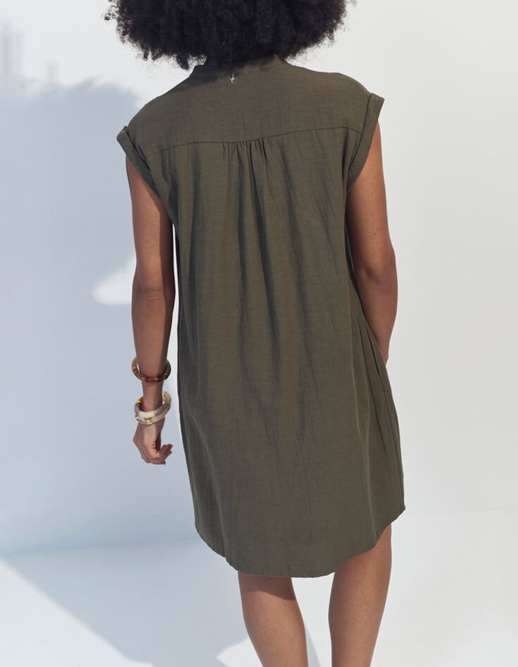 RONDONIA - Robe kaki coton lin broderies plac&eacute;es -3