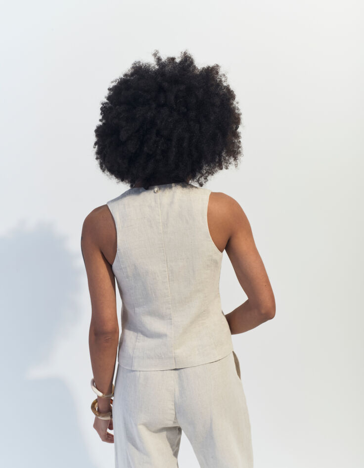 GLORIA - Gilet de costume beige chiné en lin et coton -3