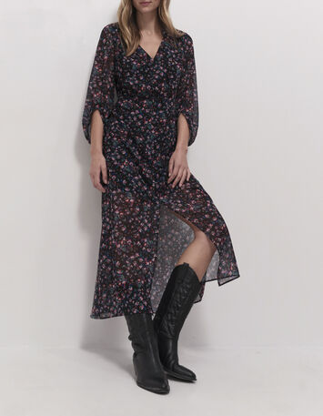 ROMEA - Robe longue noire &agrave; imprim&eacute; jardin nocturne-1