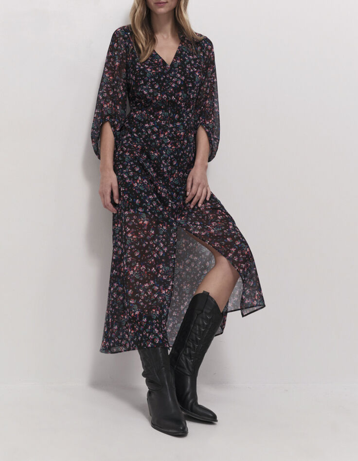 ROMEA - Robe longue noire &agrave; imprim&eacute; jardin nocturne-1