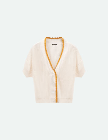 TESS - Cardigan ivoire manches courtes tricot bordé camel-4