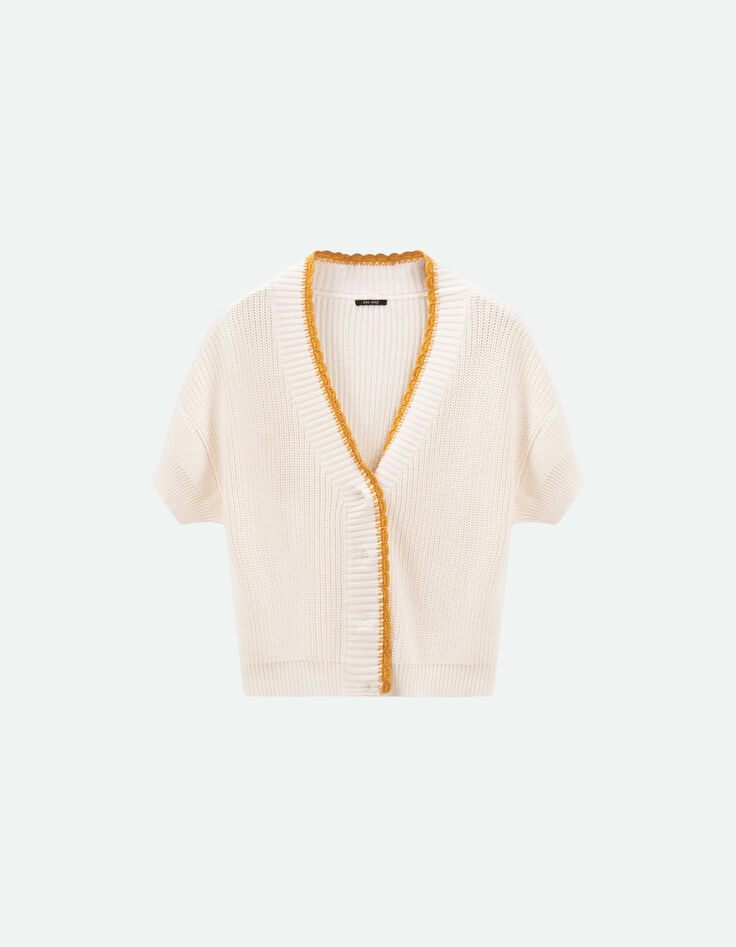 TESS - Cardigan ivoire manches courtes tricot bordé camel-4