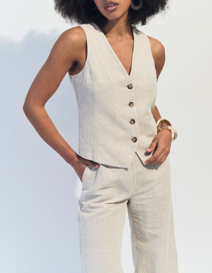 GLORIA - Gilet de costume beige chin&eacute; en lin et coton -1