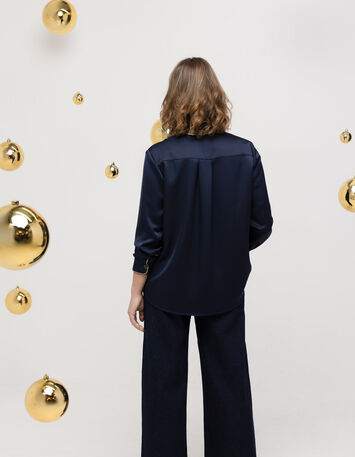 CISSY - Chemise marine satinée col brodé sequins-5