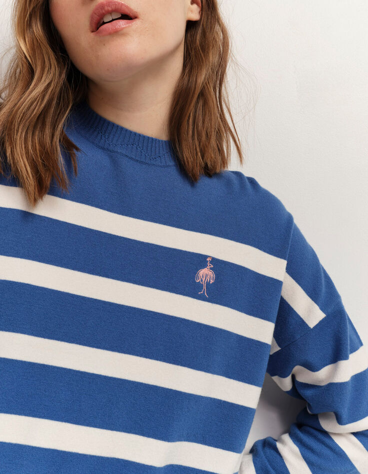 TIANA - Pull santorin blue à rayures broderie danseuse-4