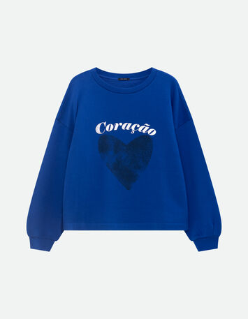 MIDI - Sweat bleu message m&eacute;tallis&eacute; et c&oelig;ur -6