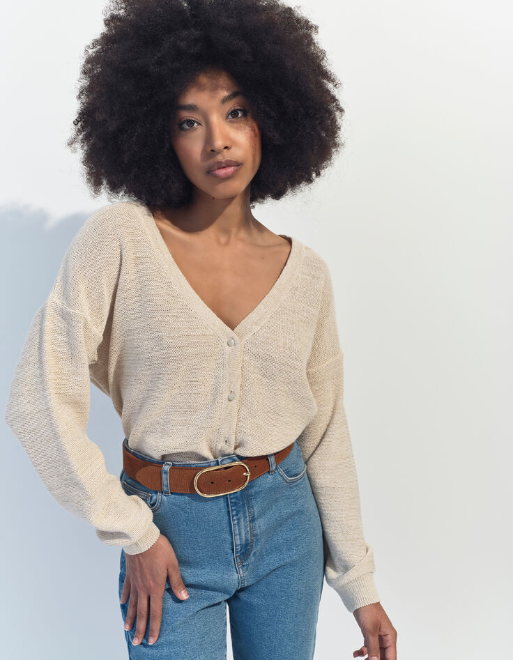 TINA - Cardigan beige tricot lurex encolure V -2