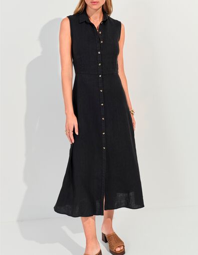 RECIFE - Robe chemise longue noire lin certifi&eacute; surteint - One Step