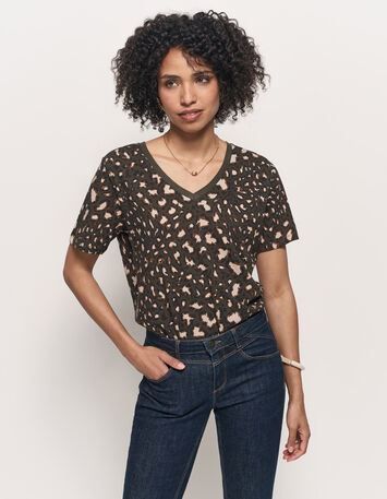 MADIAN - T-shirt kaki coton bio imprimé tachiste animalier-1