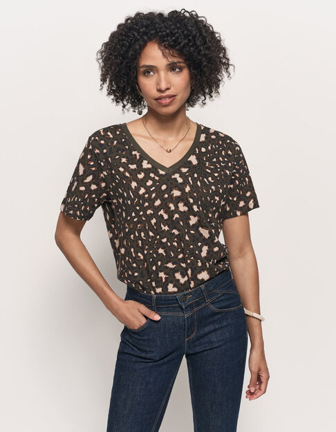 MADIAN - T-shirt kaki coton bio imprimé tachiste animalier - One Step