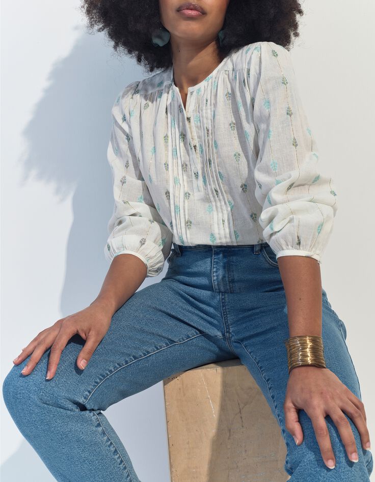 CACILDA - Blouse blanche broderies feuilles et rayures-2