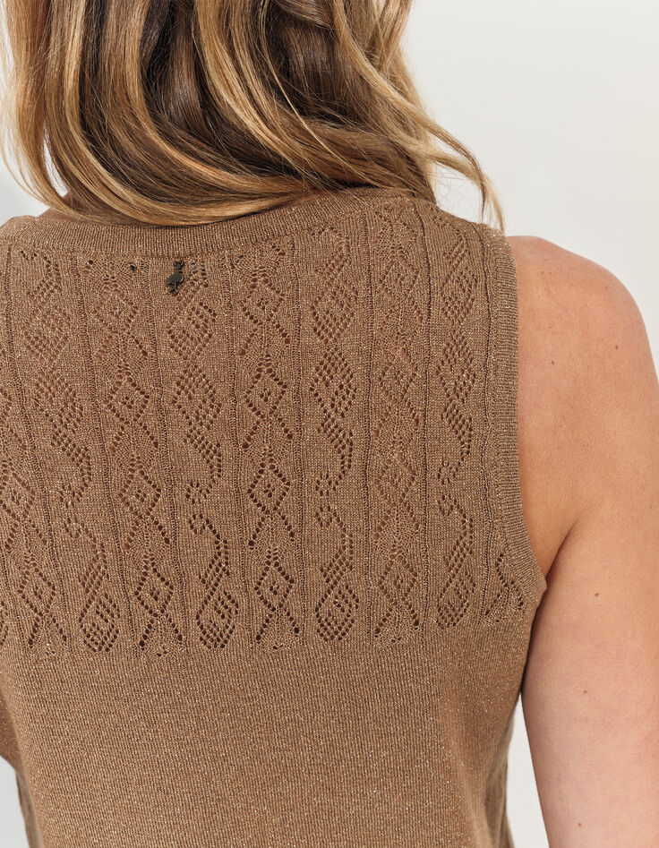 TAHIR - Pull sans manches marron tricot lurex fantaisie -7