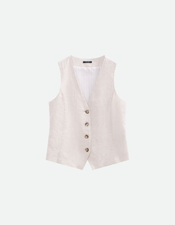 GLORIA - Gilet de costume beige chin&eacute; en lin et coton -5