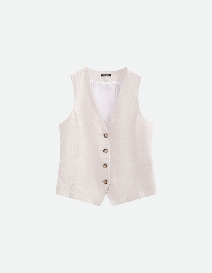 GLORIA - Gilet de costume beige chin&eacute; en lin et coton -5