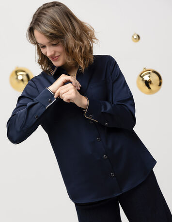 CISSY - Chemise marine satinée col brodé sequins-4