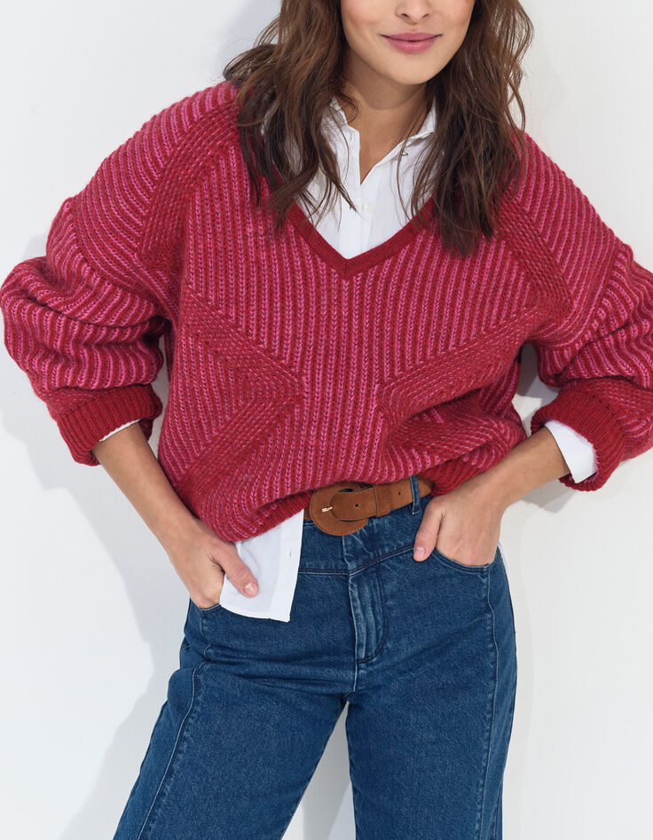 THORY - Pull encolure V rouge tricot c&ocirc;tel&eacute; bicolore-1