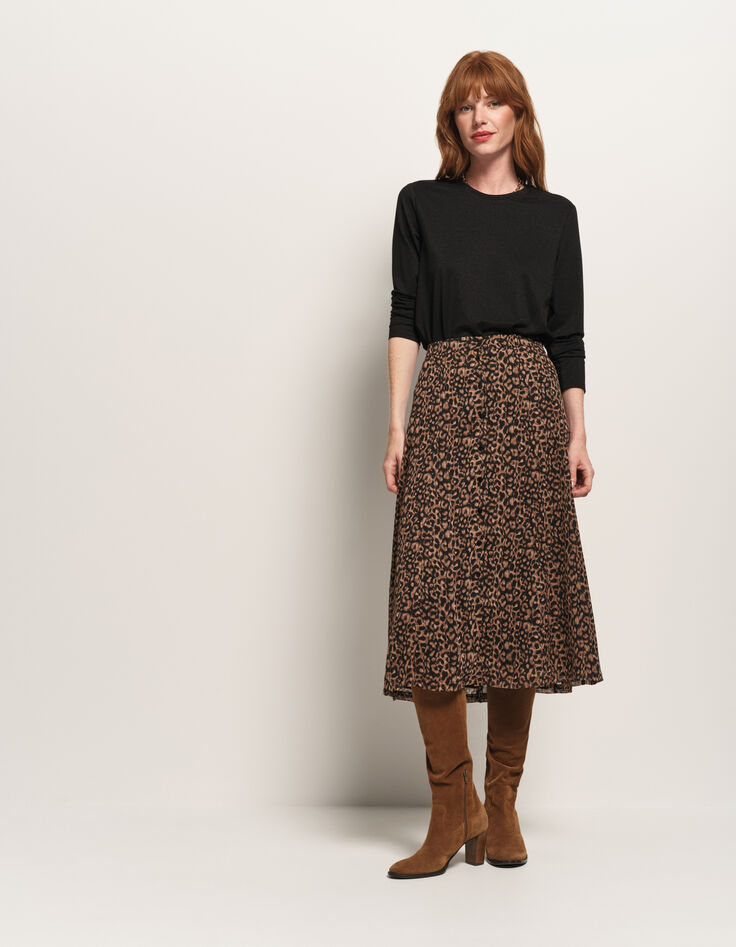 JOYAU - Jupe noire polyester recyclé imprimé léopard-2