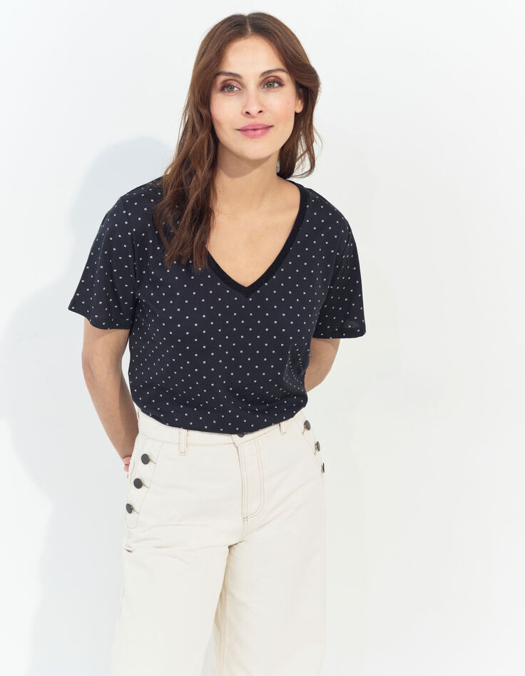 MADIAN - T-shirt noir coton bio minimaliste carrés écrus -2
