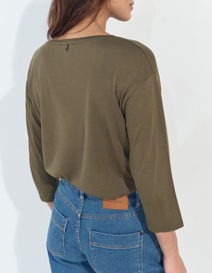 MEZZO - T-shirt kaki message m&eacute;tallis&eacute;-2