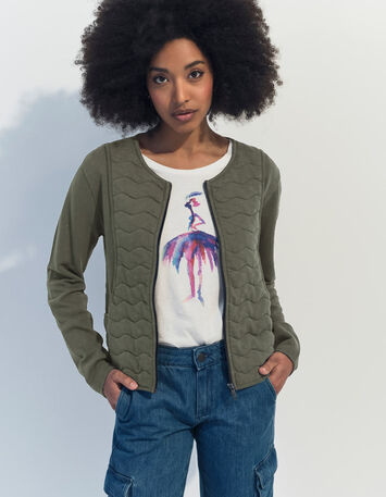 MARINO - Cardigan kaki coton bio zippé maille matelassée -1