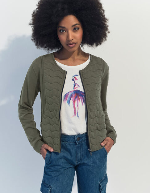 MARINO - Cardigan kaki coton bio zippé maille matelassée  - One Step