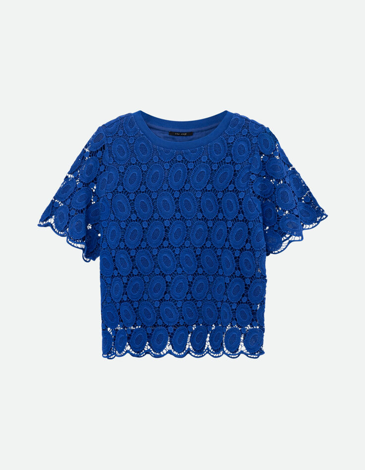 CARAIBES - Top bleu dentelle esprit macramé -1