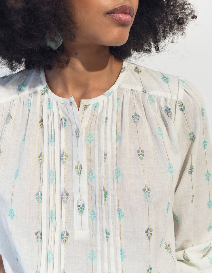 CACILDA - Blouse blanche broderies feuilles et rayures-4