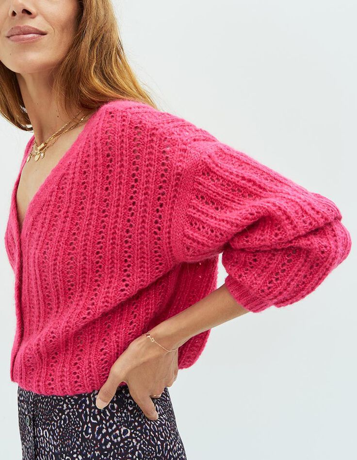 THEORY - Cardigan rose fuchsia en tricot fantaisie-2
