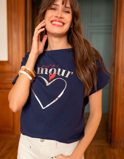 MINOS - T-shirt marine coton bio visuel cœur et message  - One Step