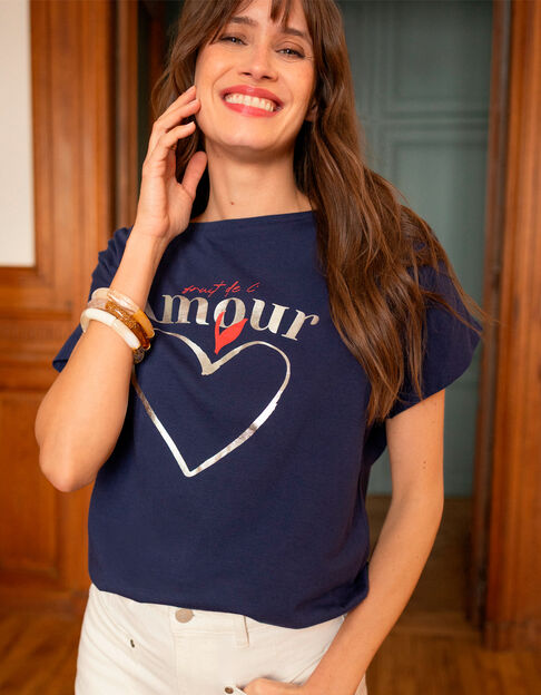 MINOS - T-shirt marine coton bio visuel cœur et message  - One Step